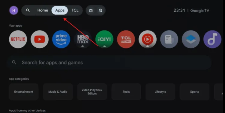 Open the Apps tab on the Google TV home screen