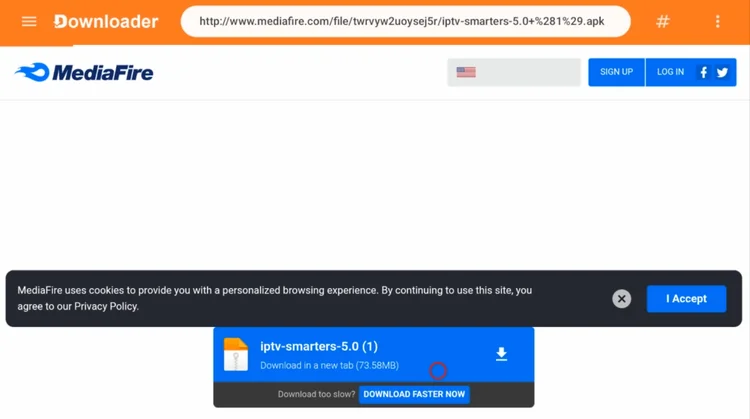 MediaFire download page opened in Downloader