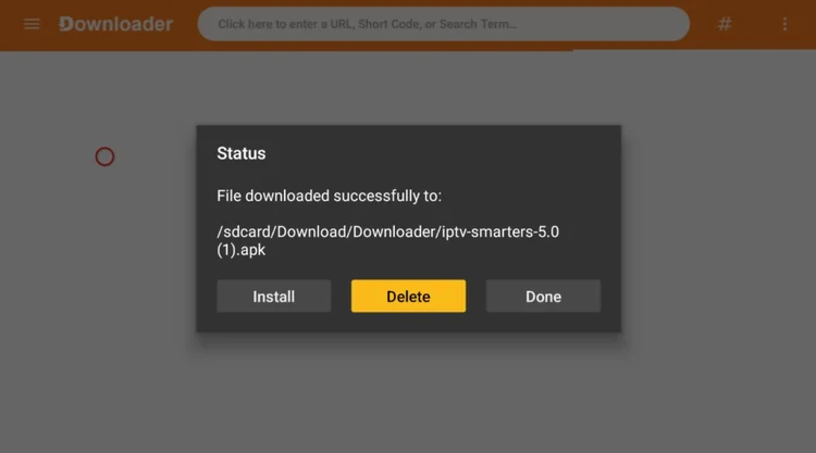 File downloaded successfully box with Install, Delete and Done buttons