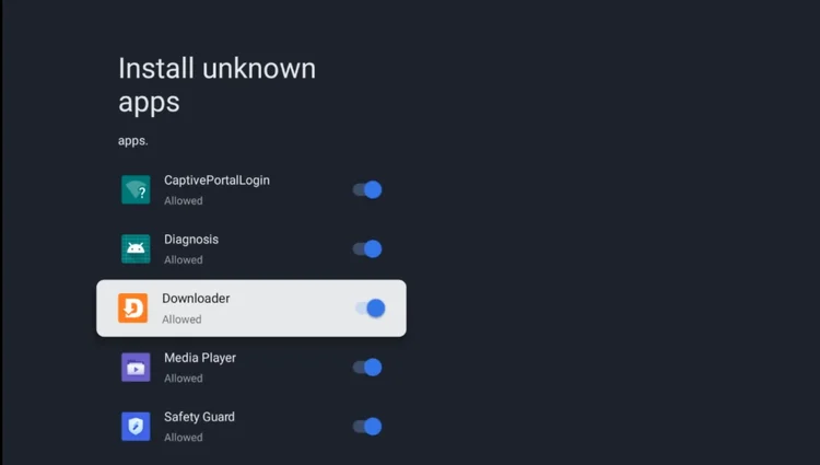 Install unknown apps screen with Downloader set to Allowed