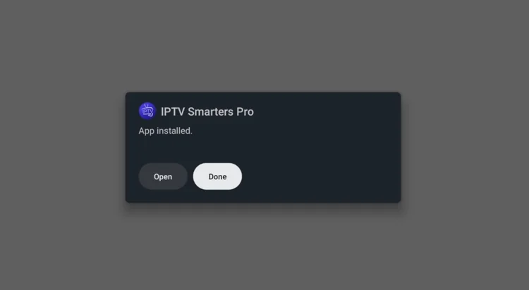 App installed message with Open and Done buttons