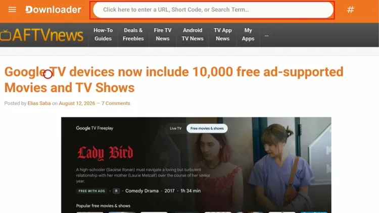 Downloader home screen with the URL and code box