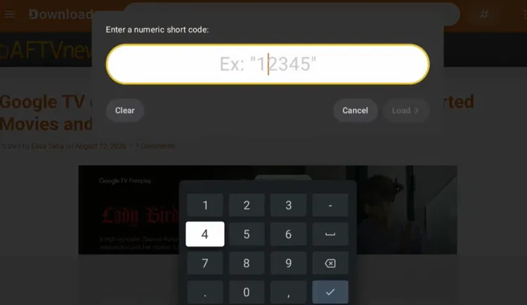 Entering the Downloader code 1075775 and selecting Load