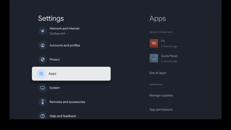 Select Apps in the Google TV settings menu