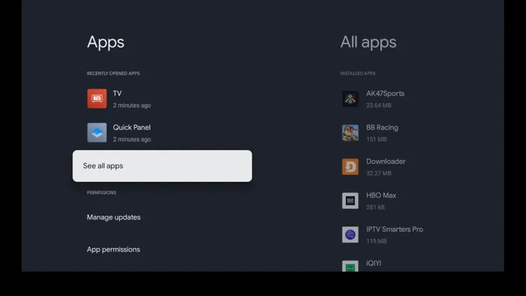 Select See all apps in the Google TV Apps settings