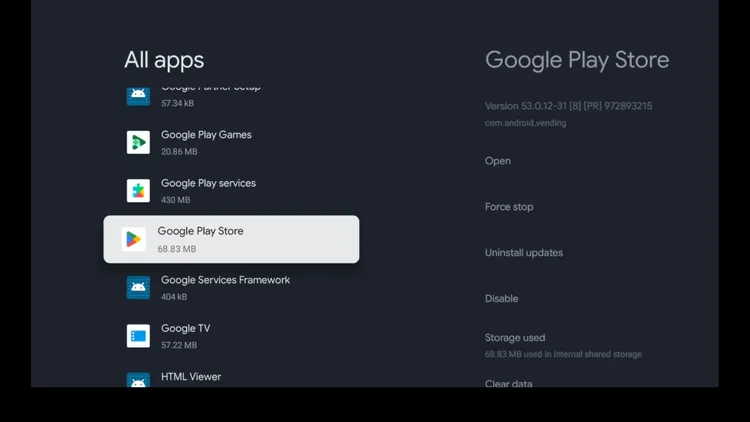 Find Google Play Store in the Google TV system apps list