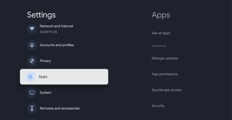 Select Apps in the Google TV settings menu