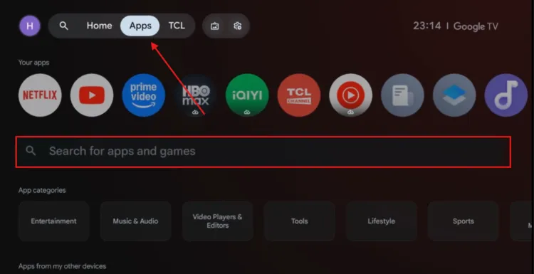 Open the Apps tab on the Google TV home screen