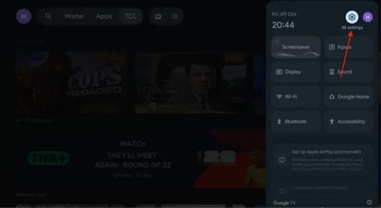 Select All settings in the Google TV Quick Settings panel