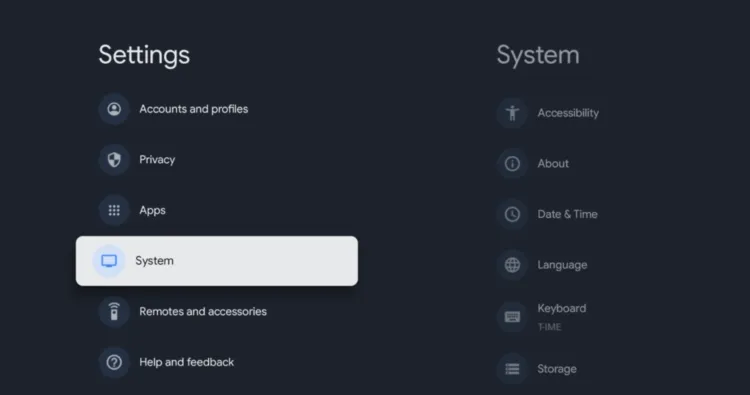 Select System in the Google TV settings menu