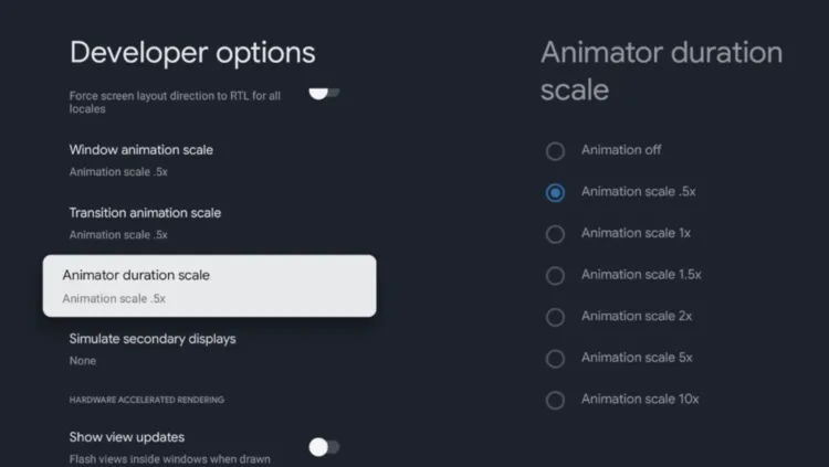 Set Animator duration scale to 0.5x on Google TV