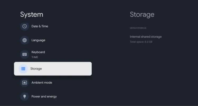 Select Storage in the Google TV System settings