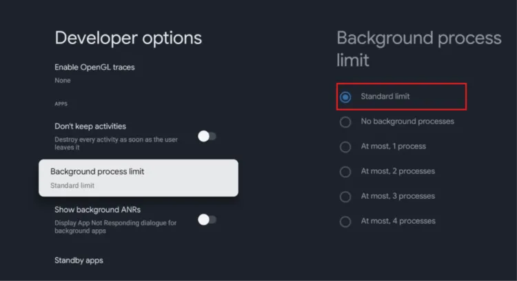 Set Background process limit to Standard limit on Google TV
