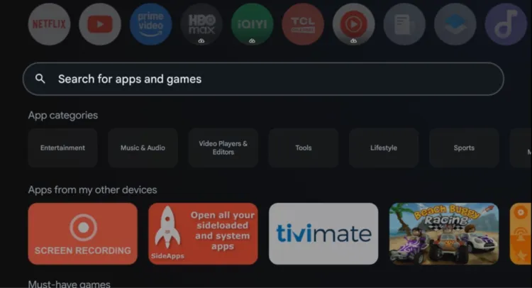 Select the search bar in the Google TV Apps tab