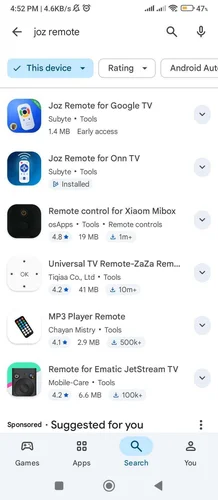 Searching Joz Remote in the Google Play Store to find the Google TV remote app
