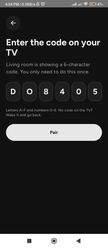 Entering the 6-character Google TV pairing code in Joz Remote and tapping Pair