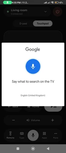 Voice search box in Joz Remote saying what to search on the Google TV