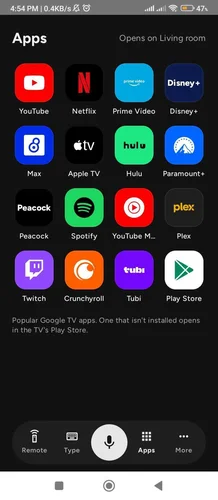 Apps tab in Joz Remote with YouTube, Netflix and other Google TV apps to launch