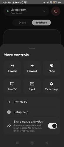 More controls menu in Joz Remote with Rewind, Forward, Mute, Live TV, Input and TV settings
