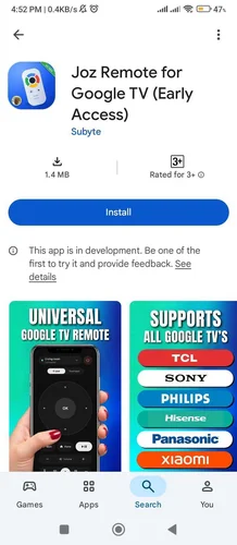 Joz Remote for Google TV Early Access page in the Play Store with the Install button