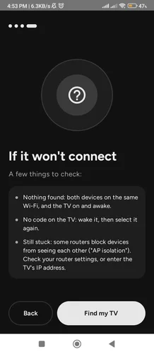 Joz Remote troubleshooting screen with the Find my TV button for Google TV