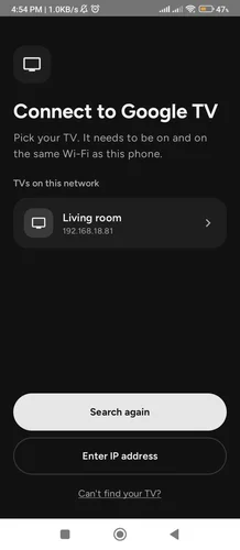 Selecting your Google TV from the TVs on this network list in Joz Remote