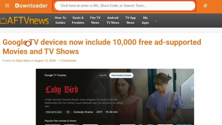 Select the URL box in the Downloader app on Google TV