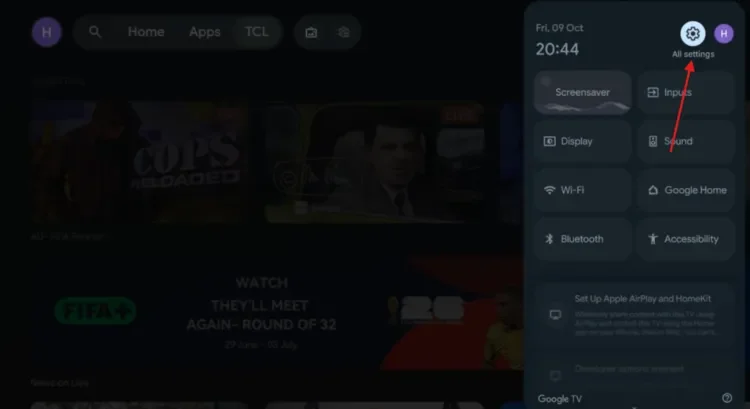 Select All settings in the Google TV Quick Settings panel