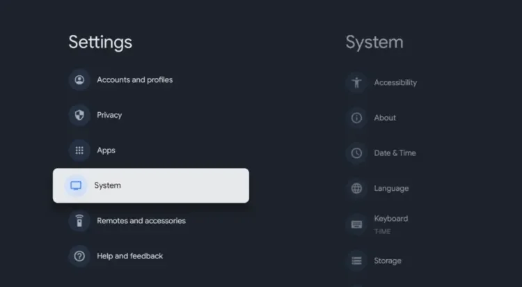 Select System in the Google TV settings menu