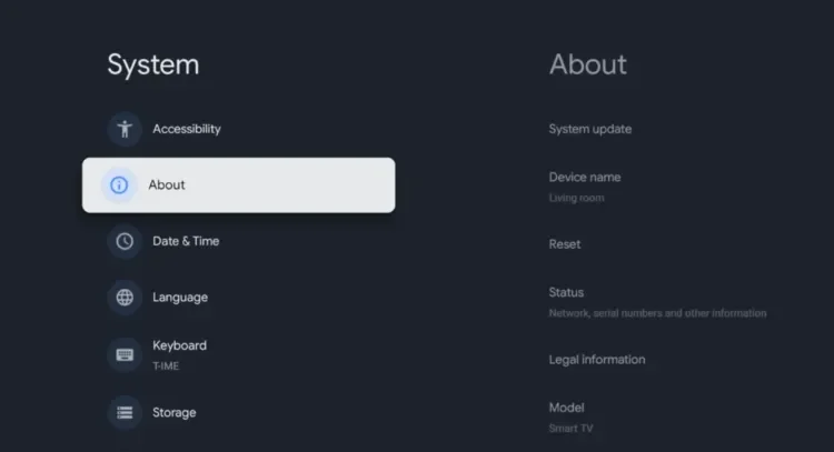 Select About in the Google TV System settings